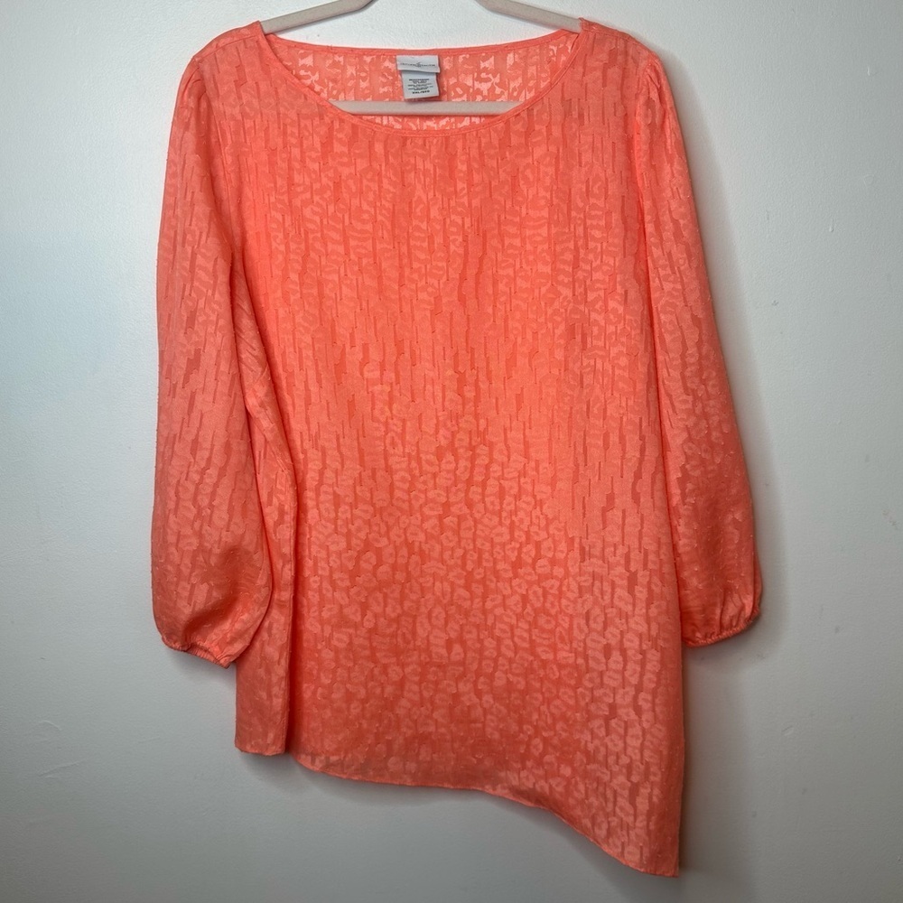Jaclyn Smith Blouse XXL Coral Orange Textured 3/4 Sleeve Scoop Neck Asymmetrical